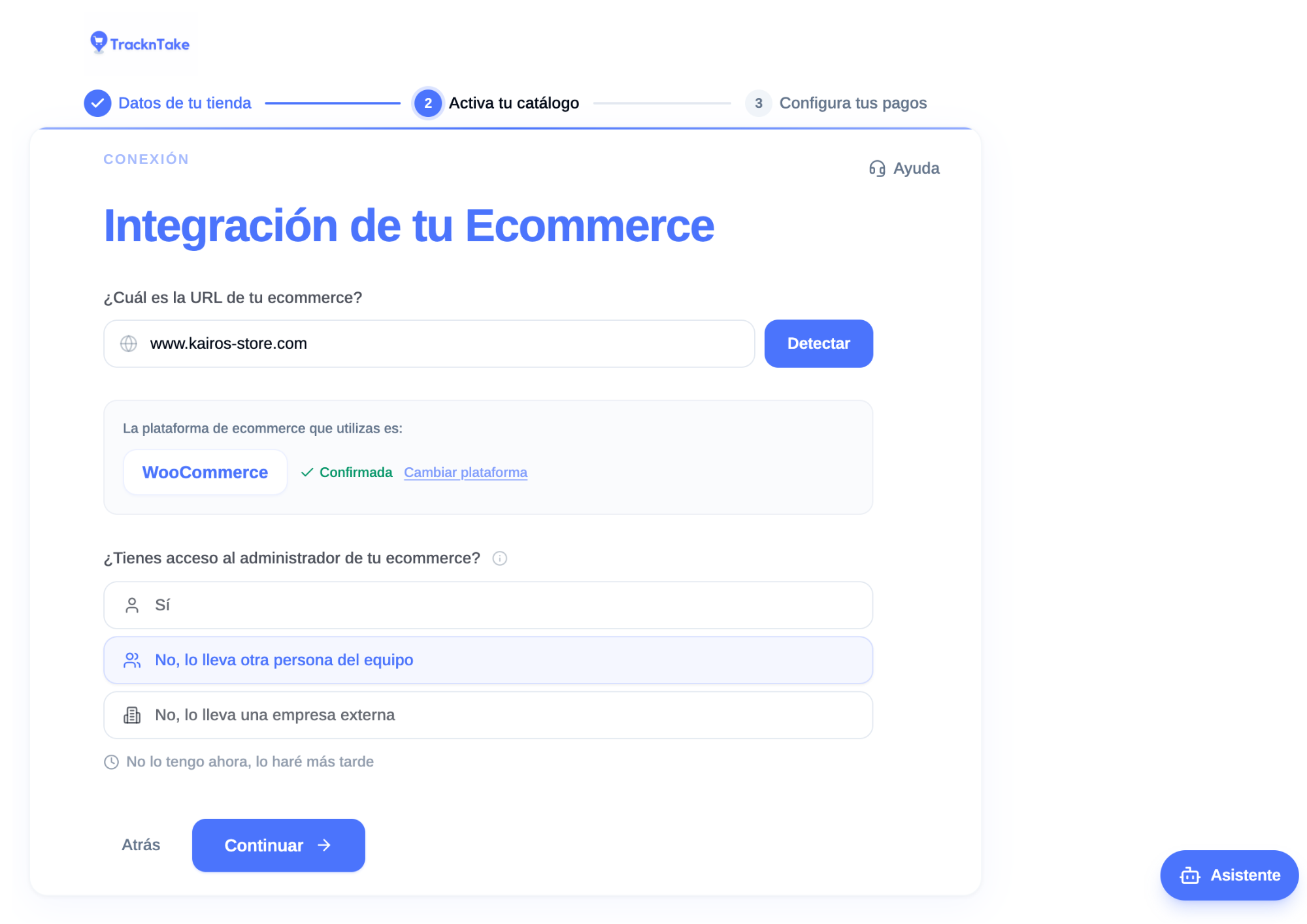 Pantalla de detección del ecommerce y acceso de administrador